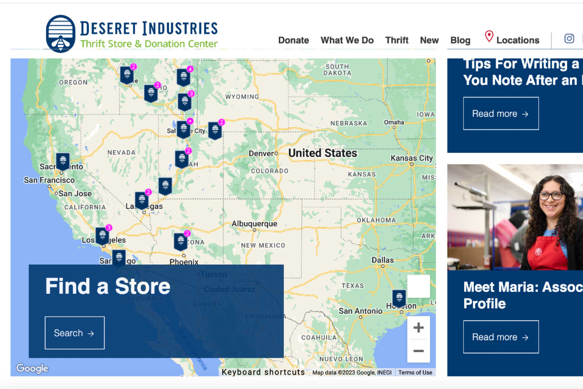 A screenshot of the Deseret Industries home page, where you can click "Find a Store" to check donation hours near you.